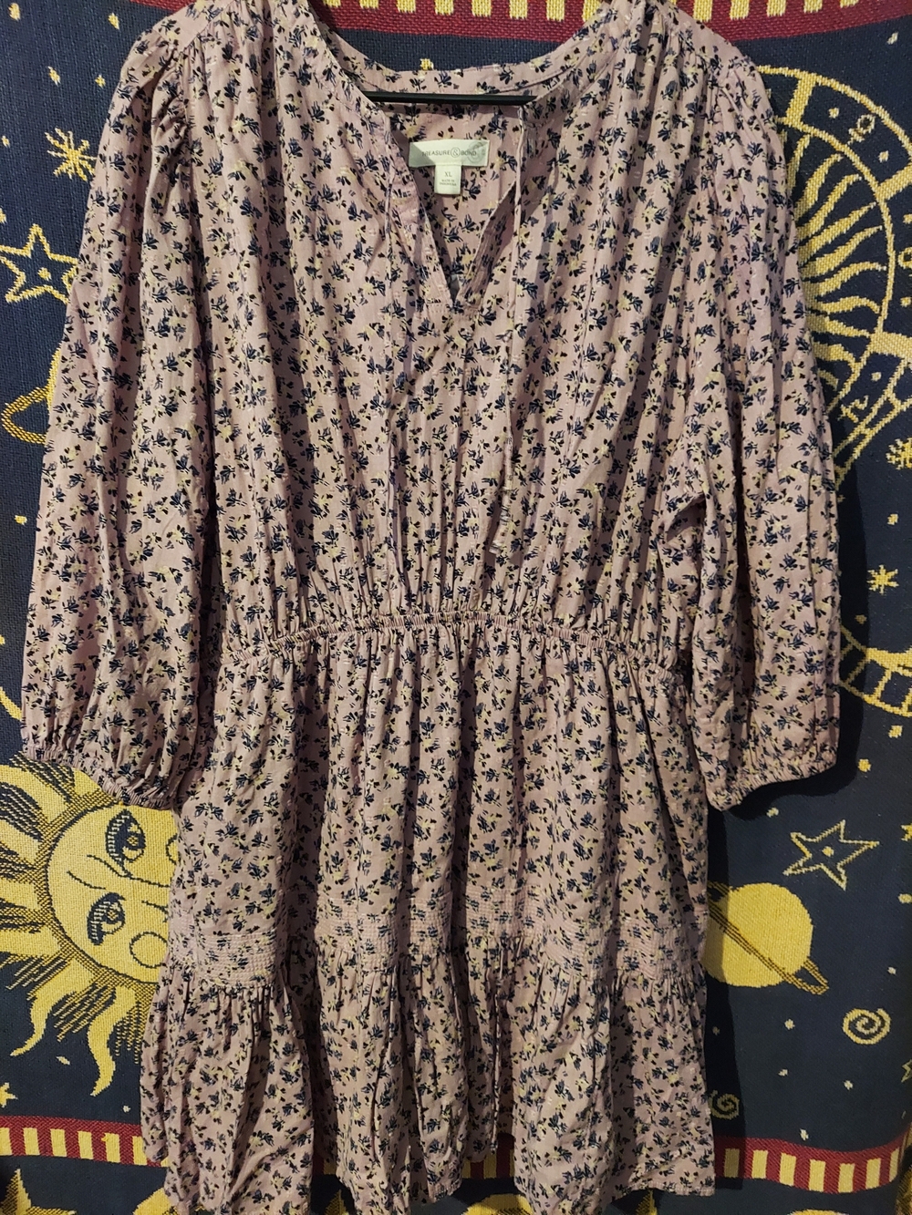 Treasure & Bond Purple Pink Floral Ruffle Tie Neck Midi Dress